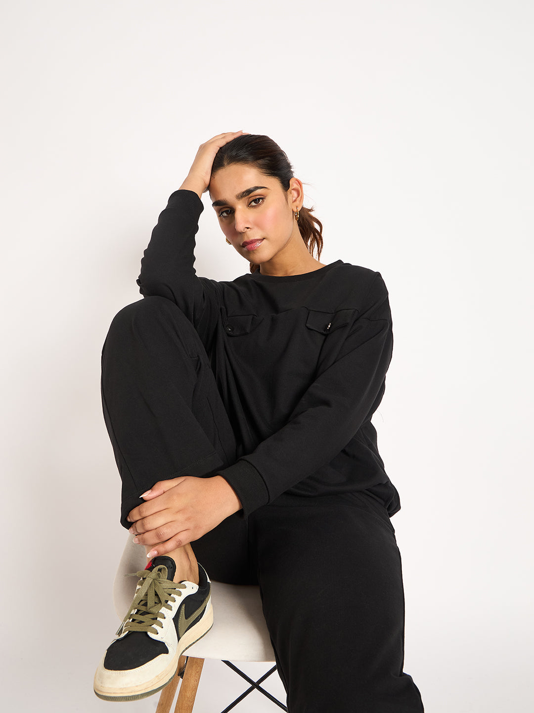 Black Elasticated Bottom Detail Terry Sweatshirt