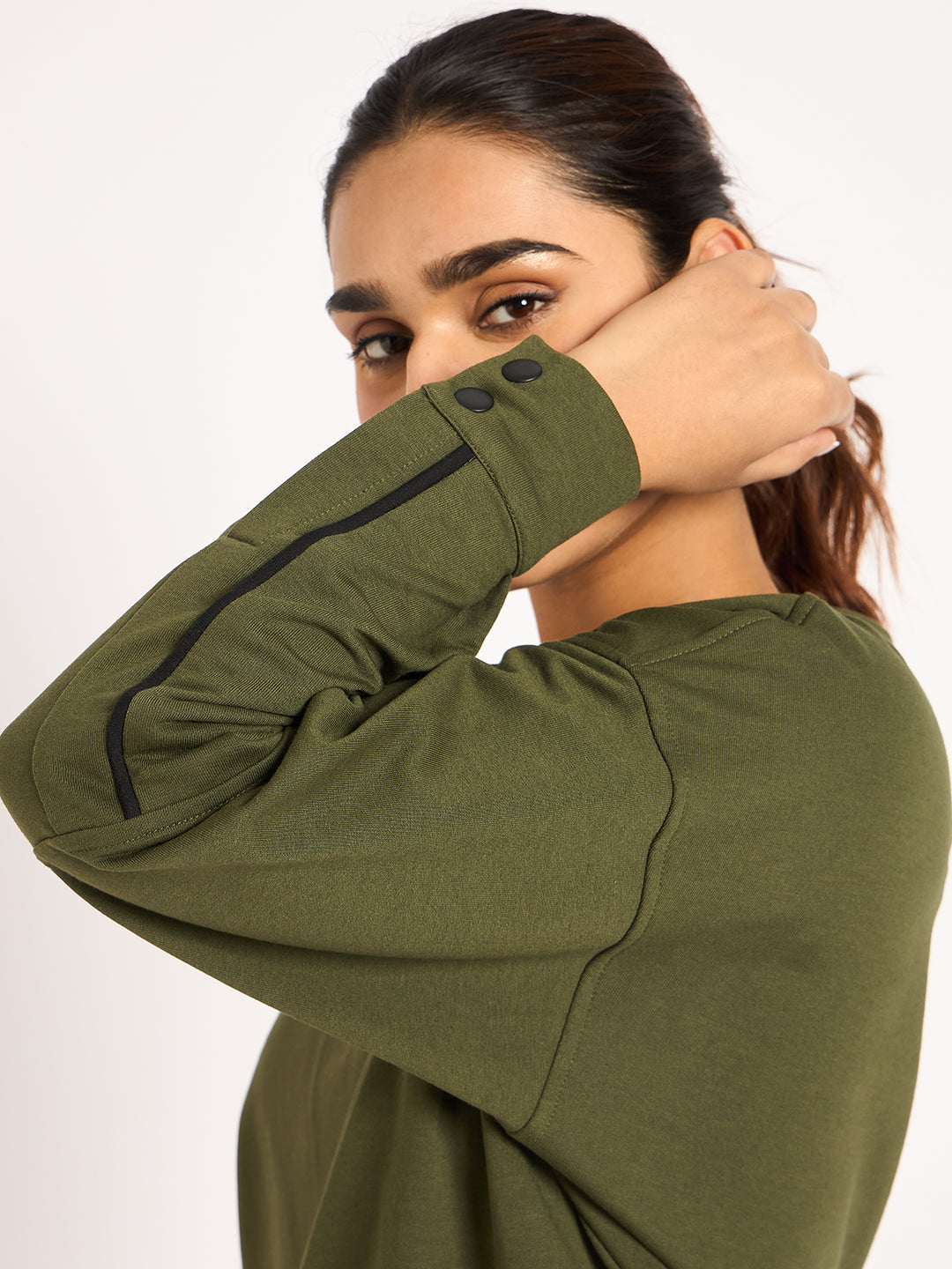 Olive Piping Detail Terry Sweatshirt