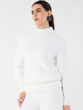 White Fur High Neck Sweater