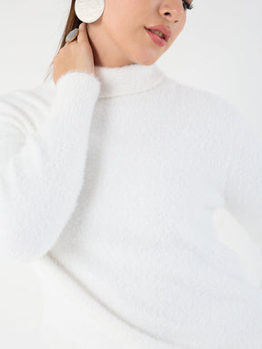 White Fur High Neck Sweater