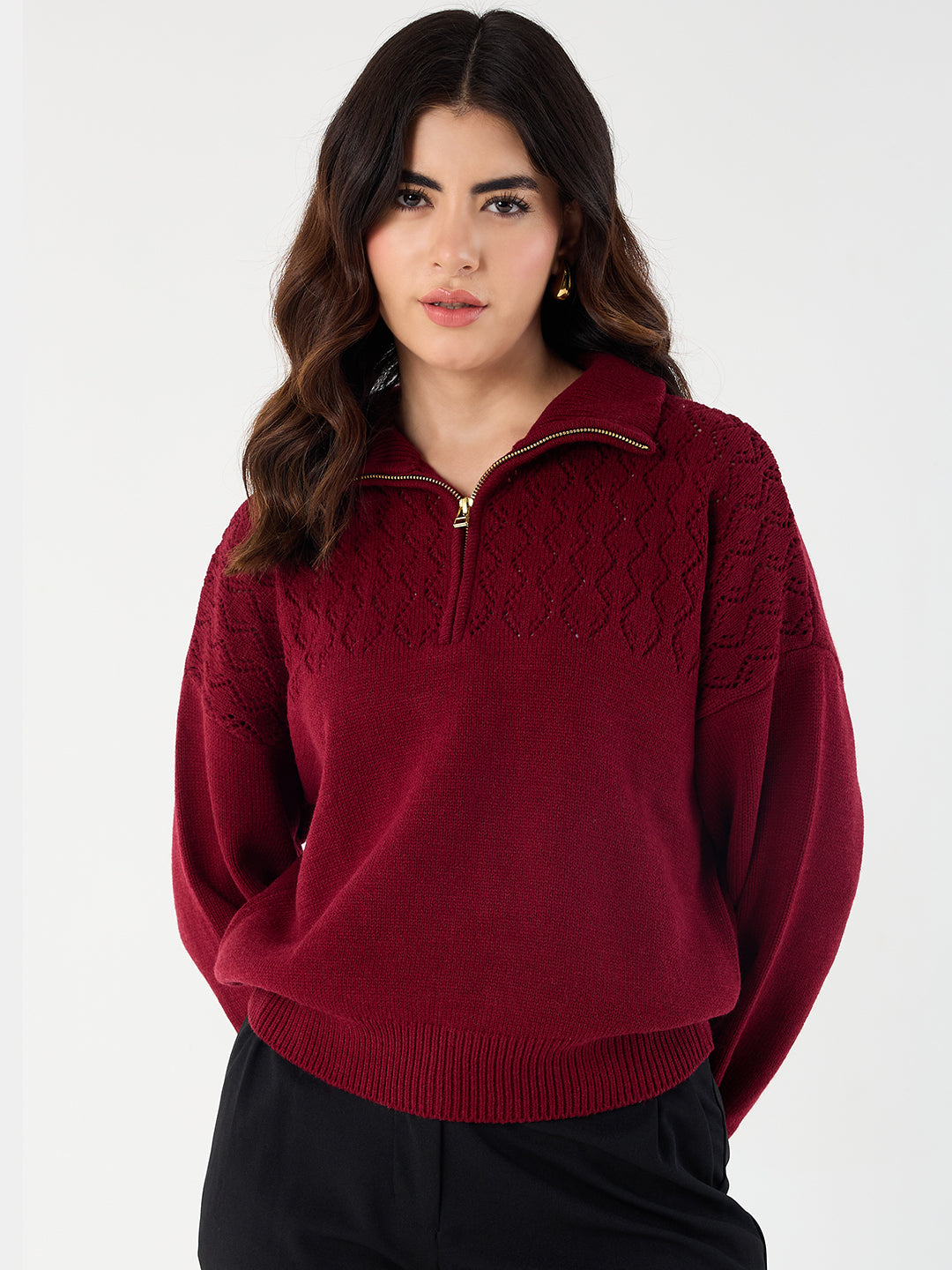 Cranberry High Neck Half Puller Sweater