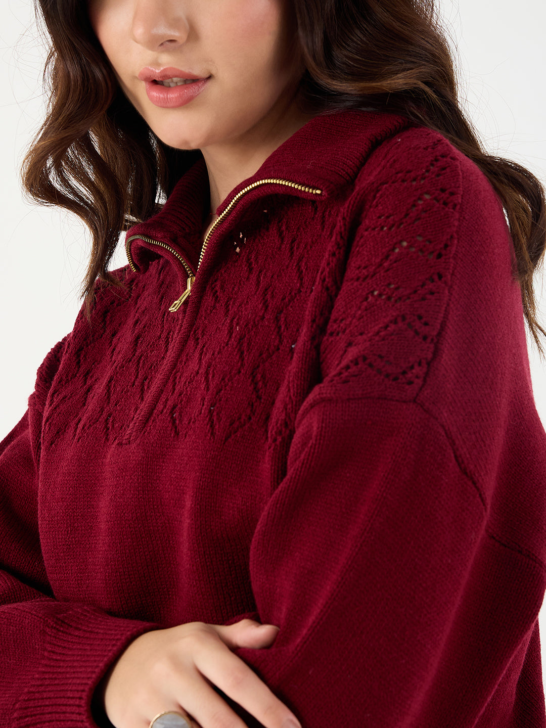 Cranberry High Neck Half Puller Sweater