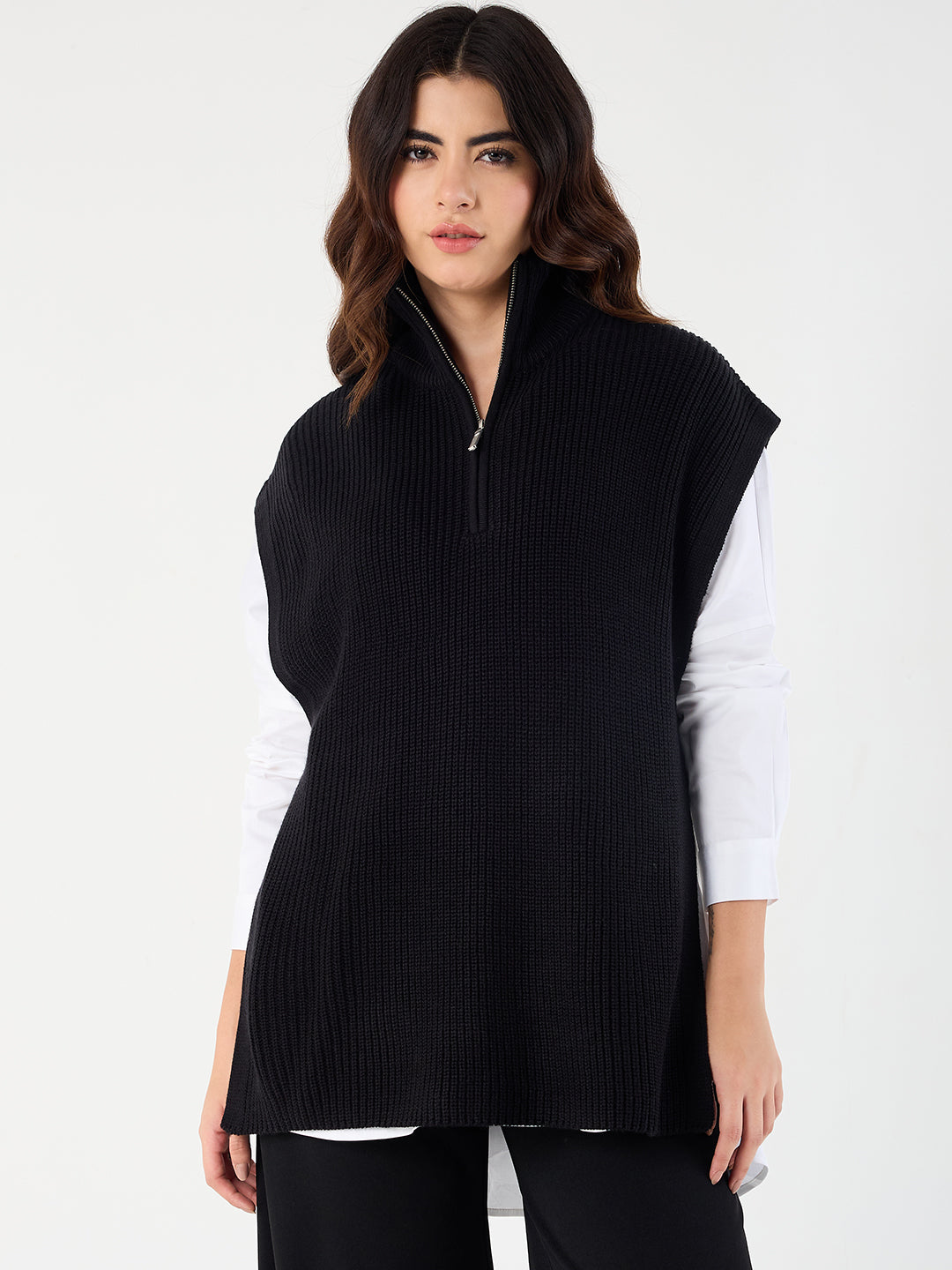 Black Extended Shoulders Longline Vest