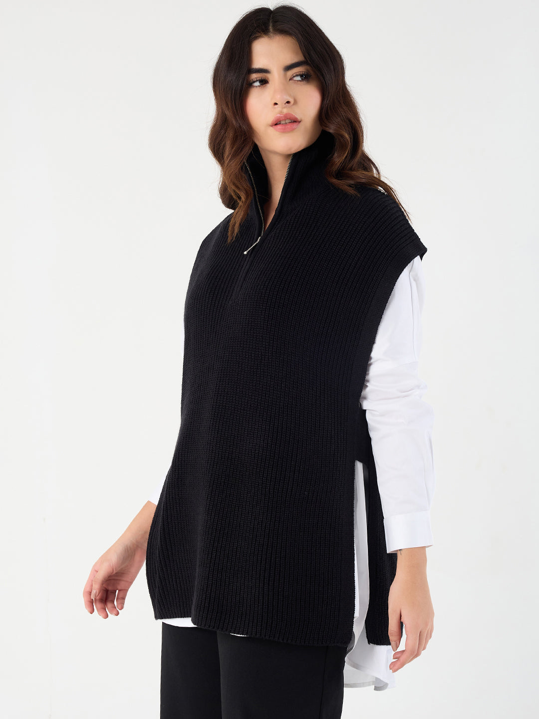 Black Extended Shoulders Longline Vest