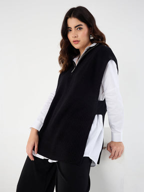 Black Extended Shoulders Longline Vest