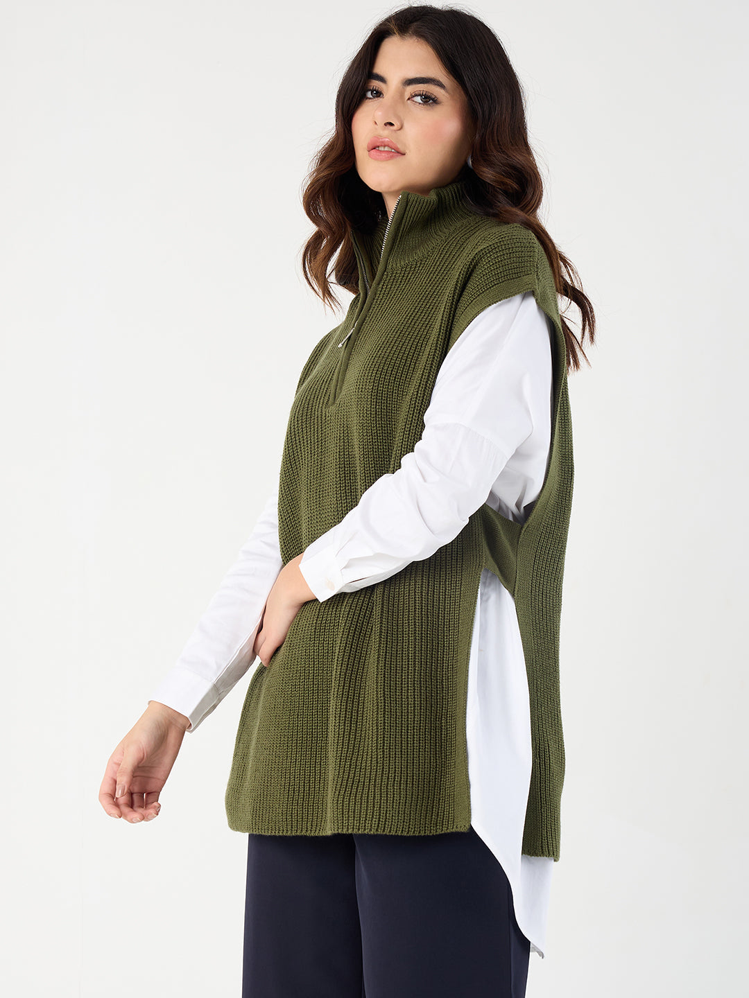 Olive Extended Shoulders Longline Vest