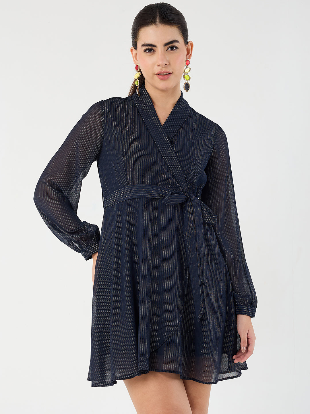 Navy Lurex Wrap Mini Dress