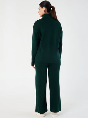 Forest Green Knitted High Neck Sweater With Straight Pant