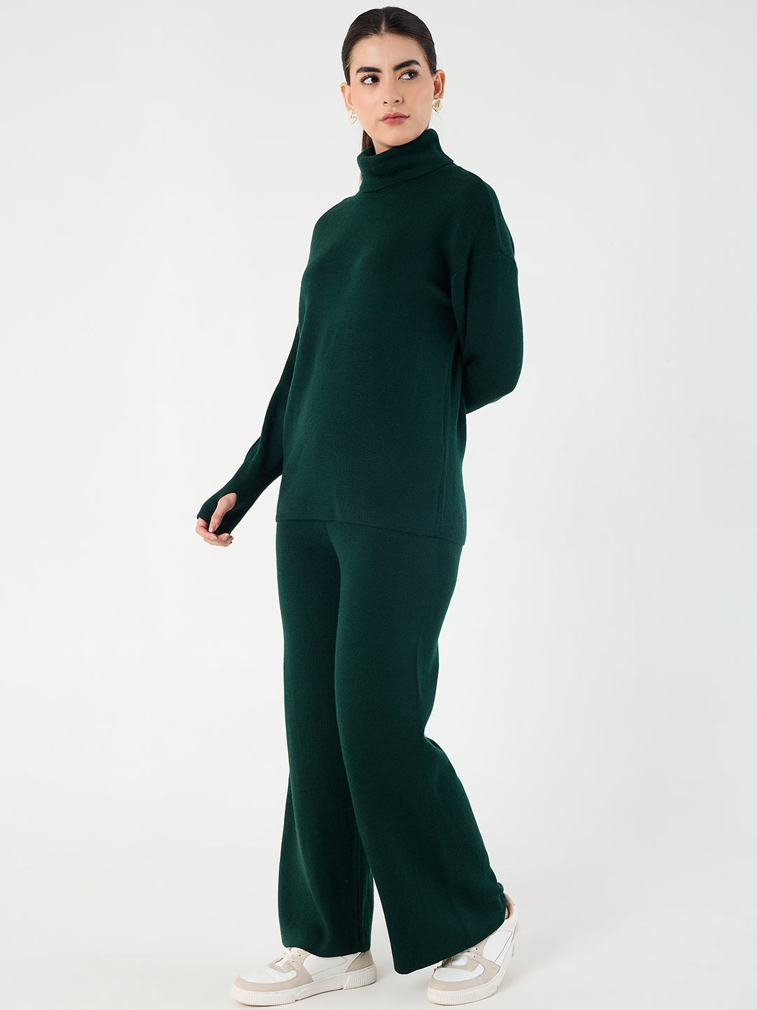 Forest Green Knitted High Neck Sweater With Straight Pant