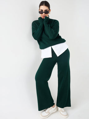 Forest Green Knitted High Neck Sweater With Straight Pant