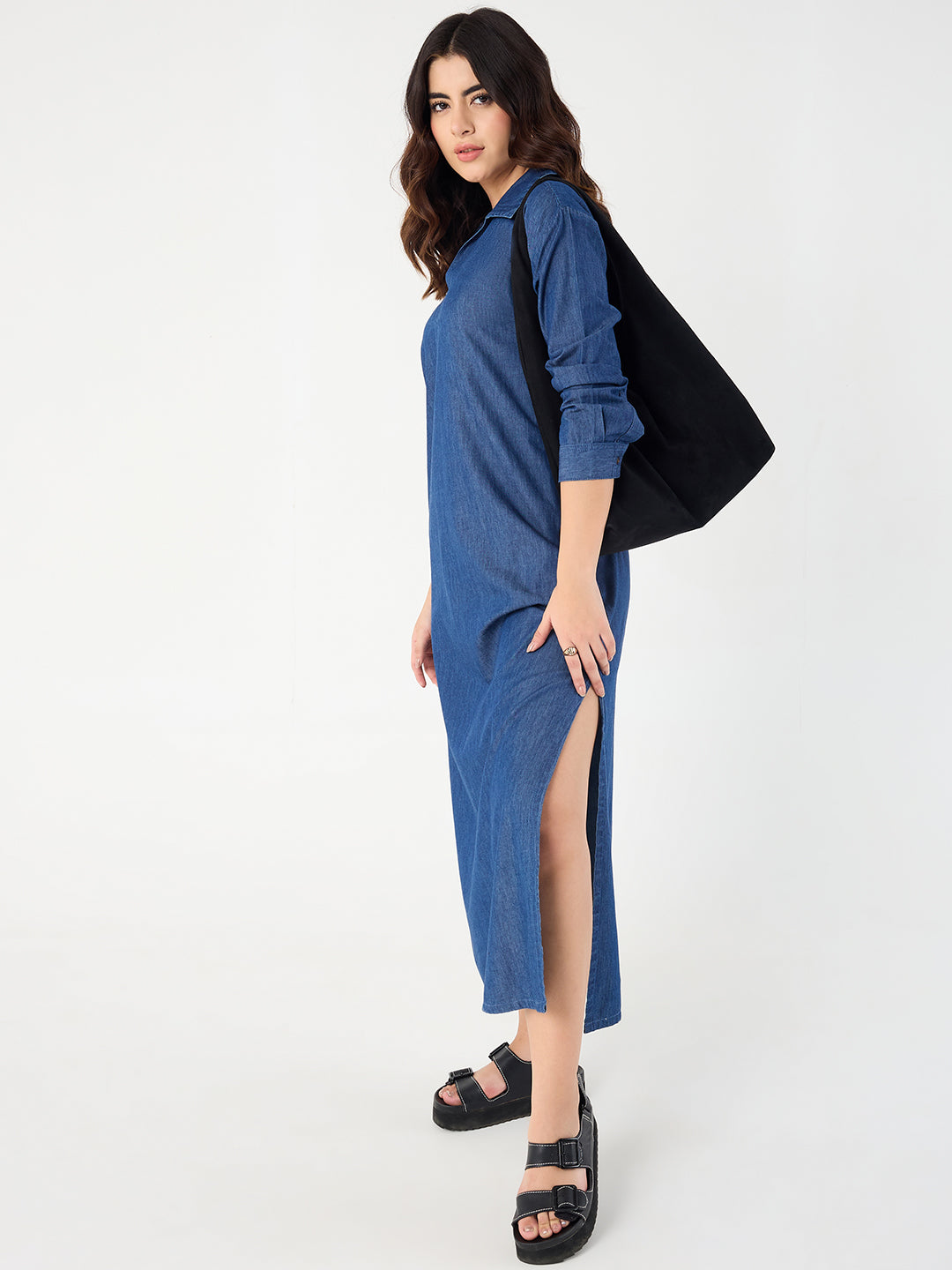 Navy Blue Slit Detail Denim Maxi Dress