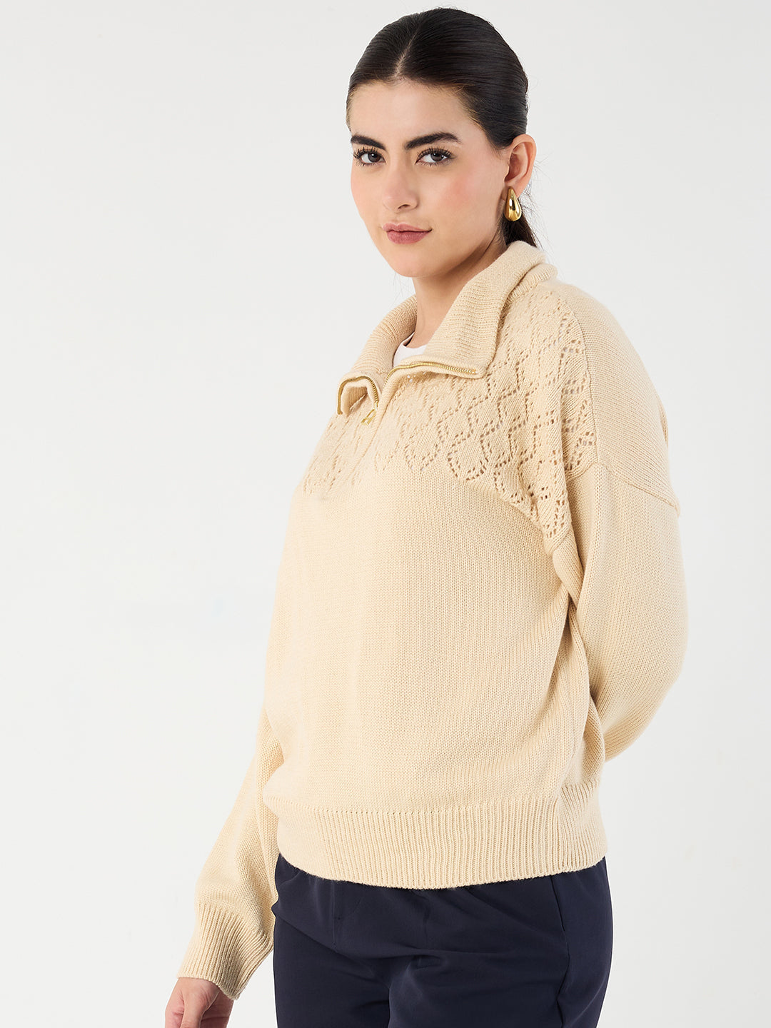 Beige High Neck Half Pulle Sweater