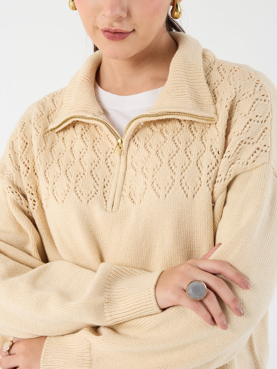 Beige High Neck Half Pulle Sweater