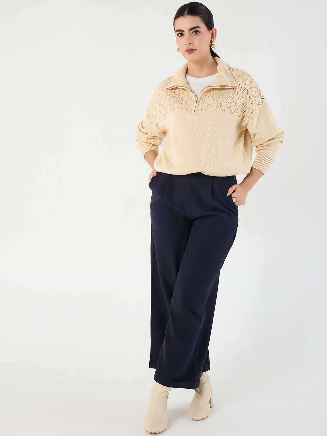 Beige High Neck Half Pulle Sweater