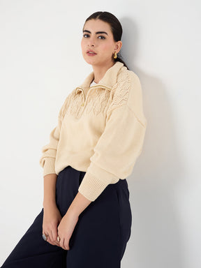 Beige High Neck Half Pulle Sweater