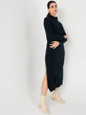 Black High Neck Slit Midi Dress