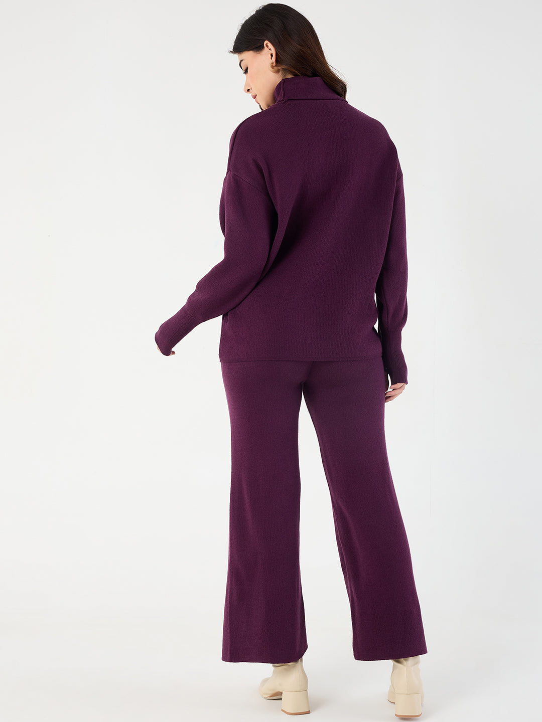 Wine Knitted High Neck Sweater With Straight Pant