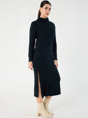 Black High Neck Slit Midi Dress