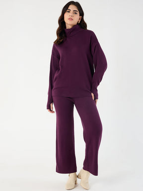 Wine Knitted High Neck Sweater With Straight Pant