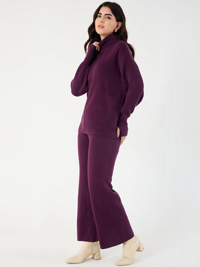 Wine Knitted High Neck Sweater With Straight Pant