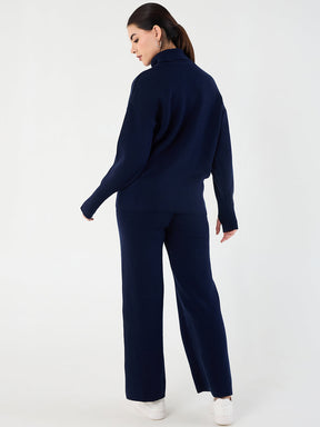 Midnight Blue Knitted High Neck Sweater With Straight Pant