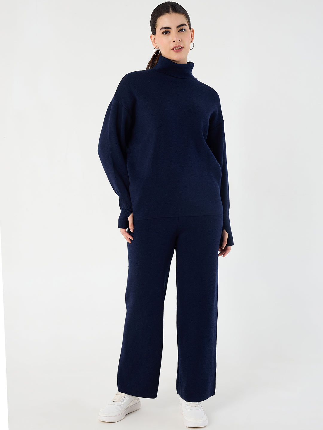 Midnight Blue Knitted High Neck Sweater With Straight Pant