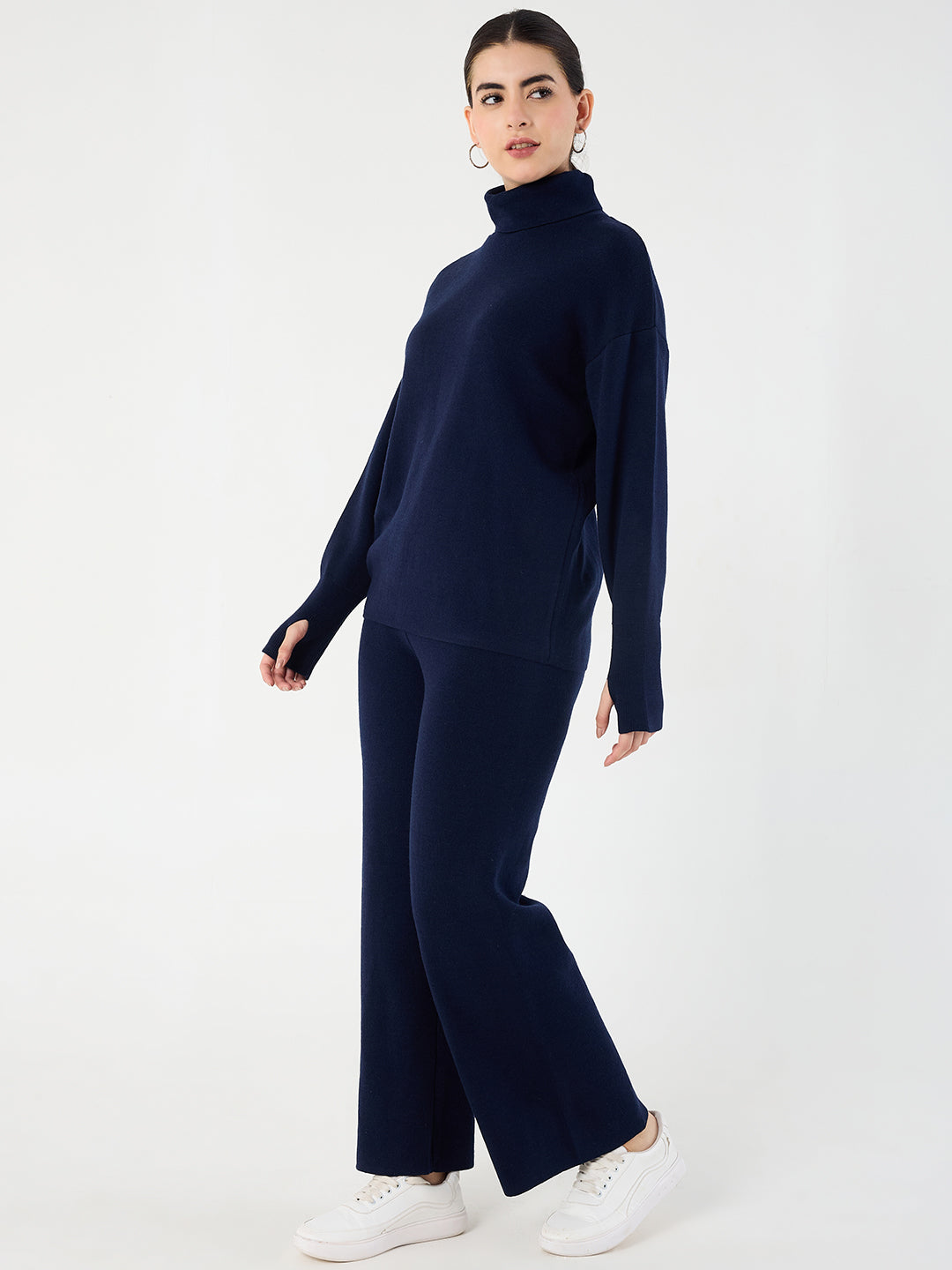 Midnight Blue Knitted High Neck Sweater With Straight Pant