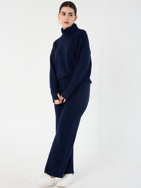 Midnight Blue Knitted High Neck Sweater With Straight Pant