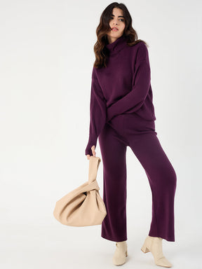 Wine Knitted High Neck Sweater With Straight Pant