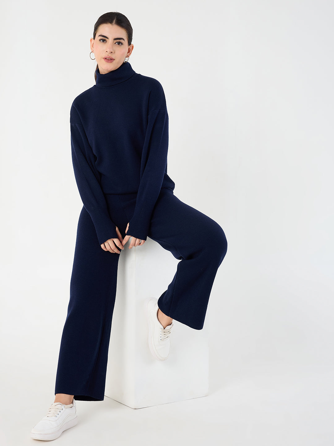 Midnight Blue Knitted High Neck Sweater With Straight Pant