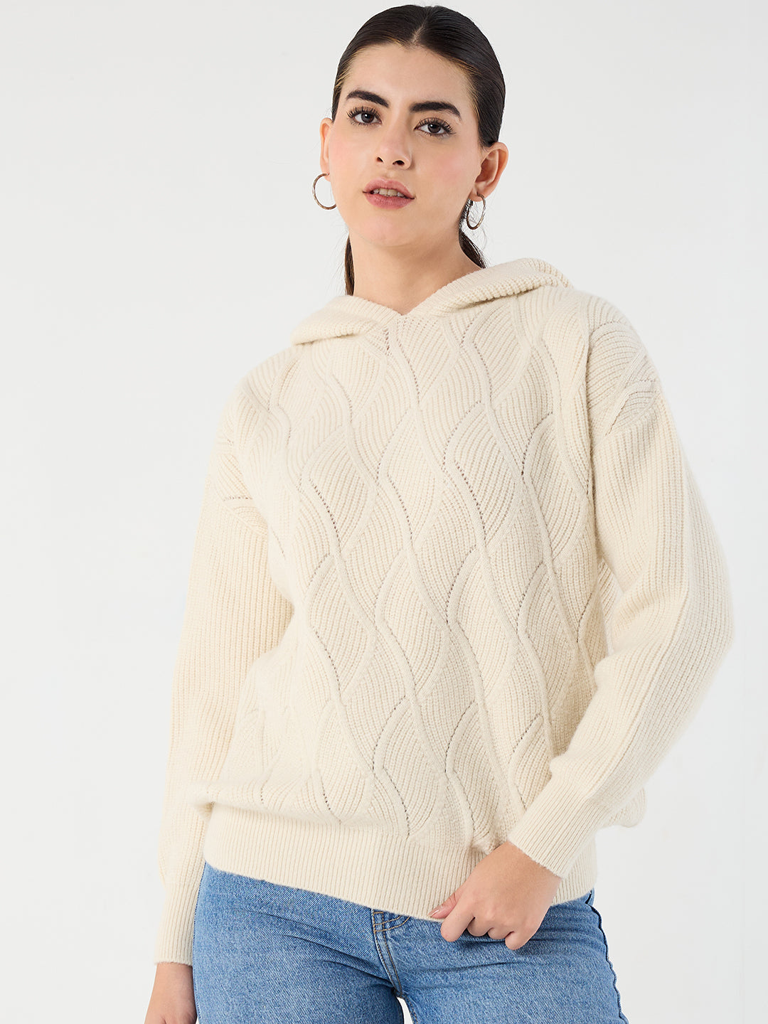 Ivory Pointelle Hooded Sweater