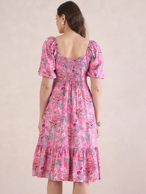 Pink Tropical Print Front Slit Midi Dress