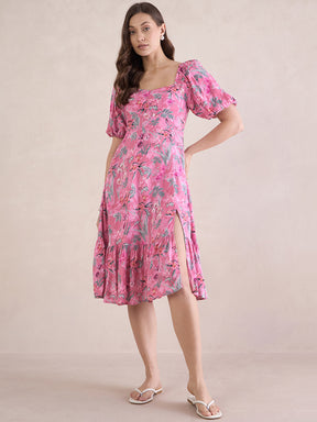 Pink Tropical Print Front Slit Midi Dress