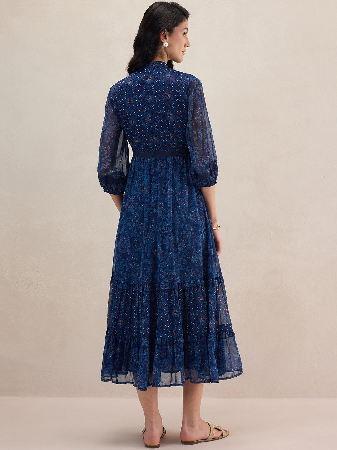 Navy Paisley Printed Tiered Maxi Dress