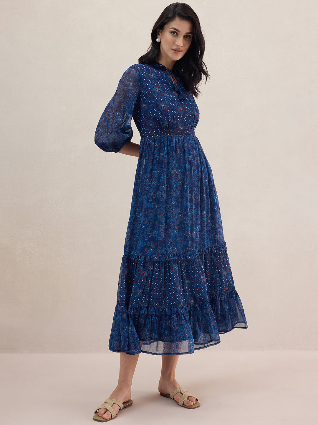 Navy Paisley Printed Tiered Maxi Dress