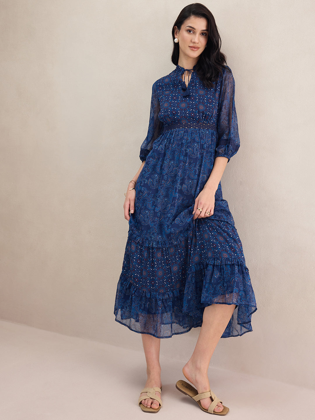 Navy Paisley Printed Tiered Maxi Dress