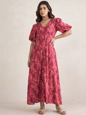 Red Floral Print Button Down Maxi Dress