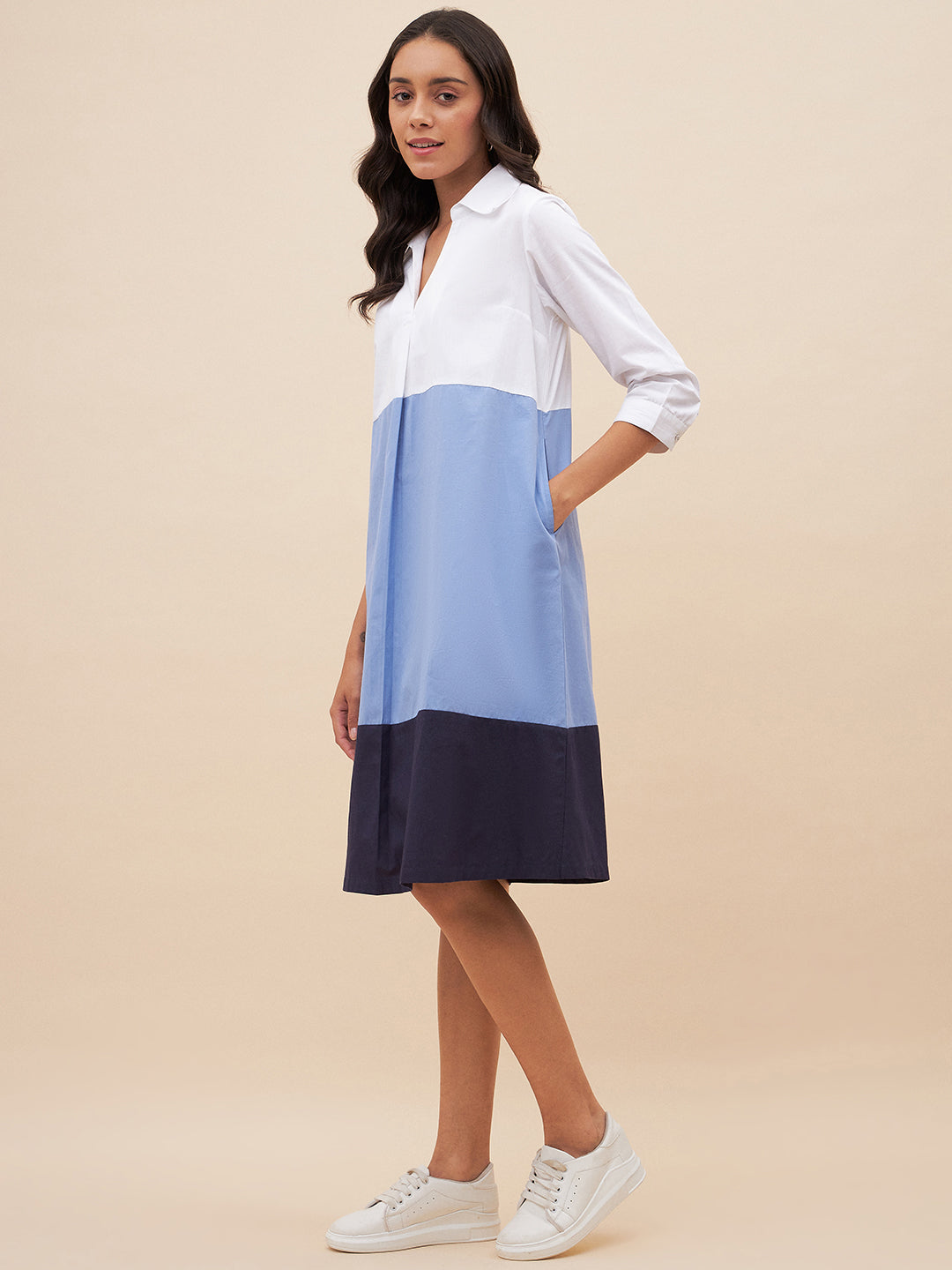 White And Blue Colorblock  Midi Dress