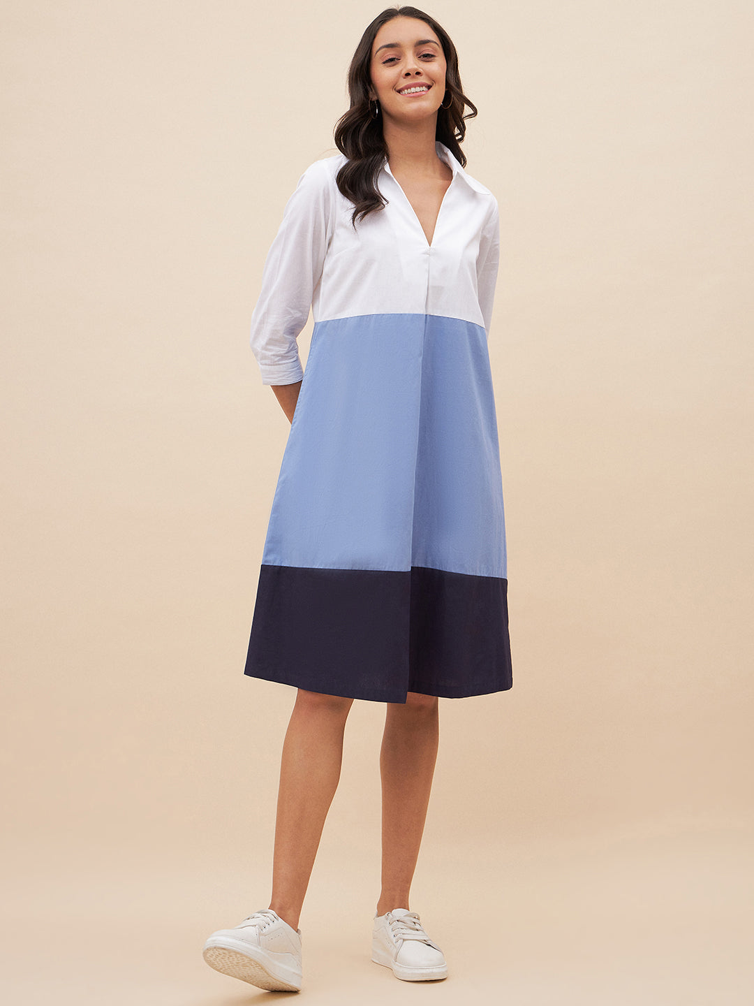 White And Blue Colorblock  Midi Dress