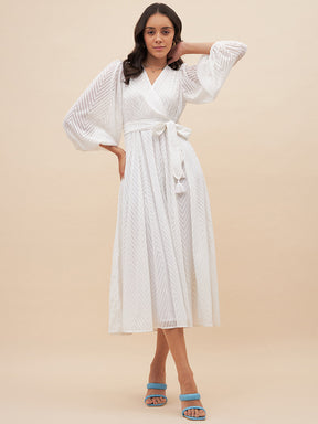 White Chevron Dobby Wrap Maxi Dress