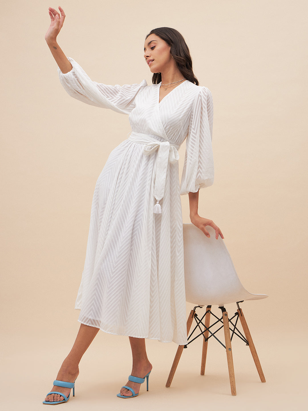 White Chevron Dobby Wrap Maxi Dress