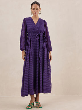 Deep Purple Chevron Dobby Wrap Maxi Dress