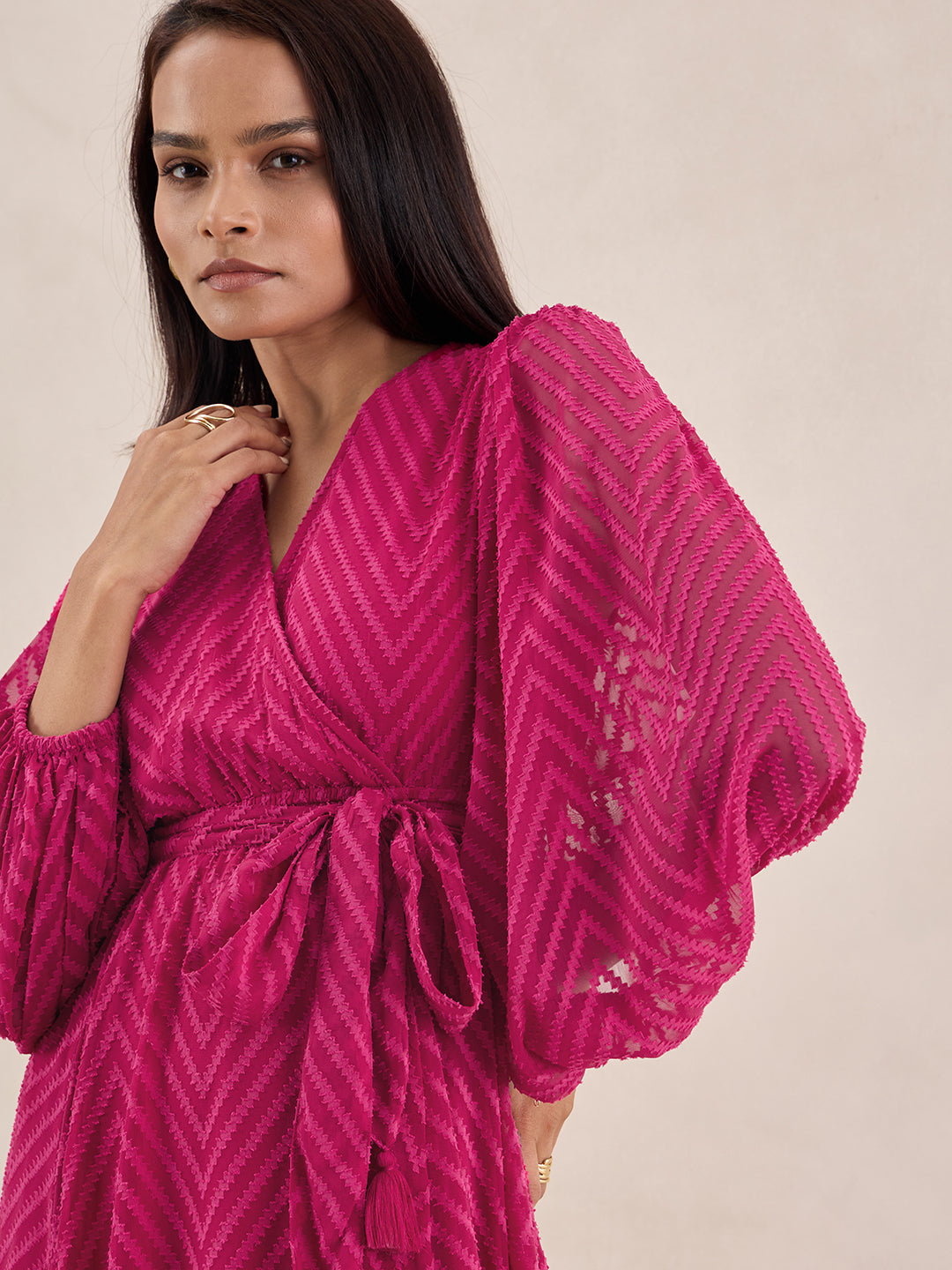 Pink Chevron Dobby Wrap Maxi Dress