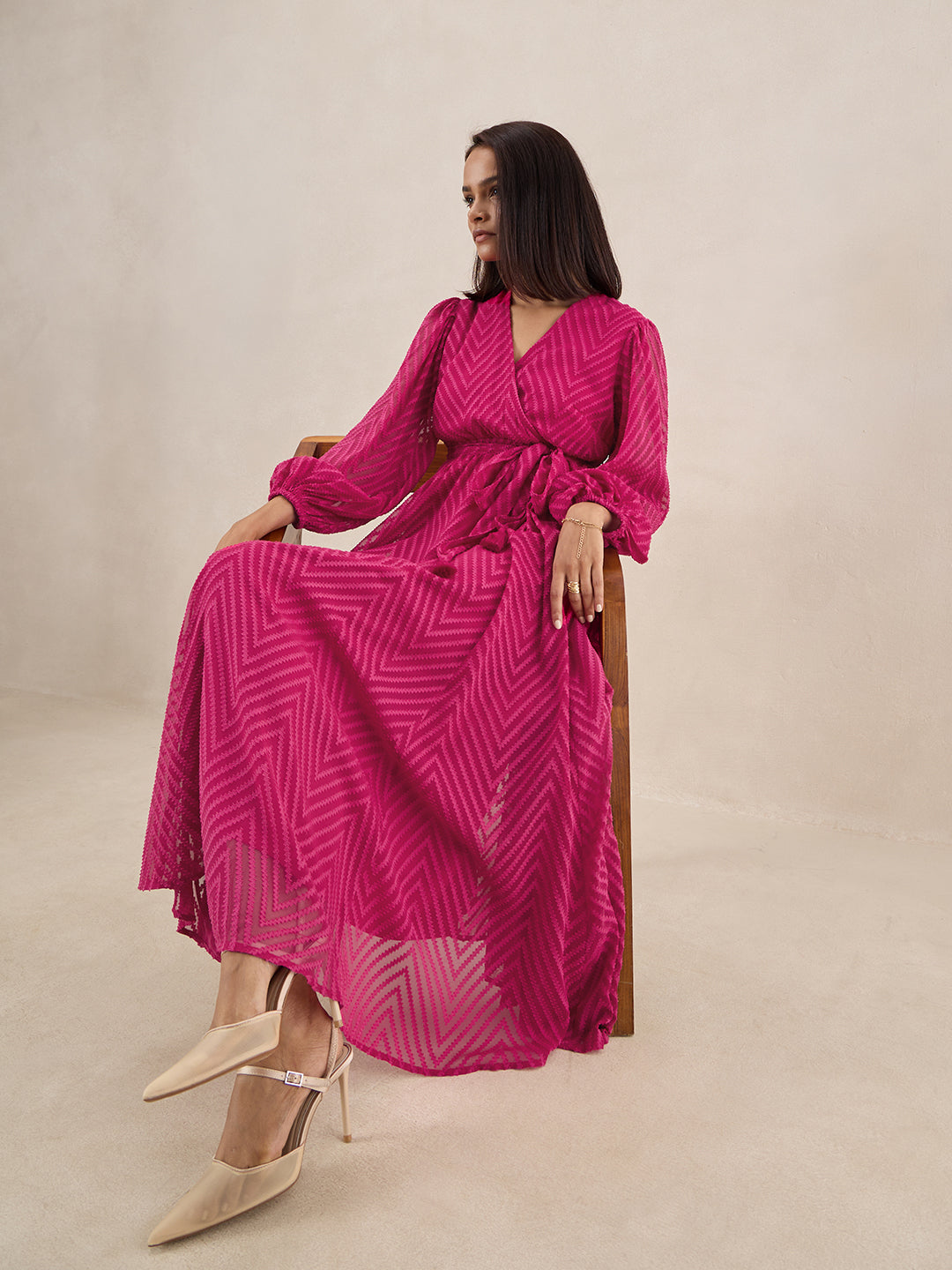 Pink Chevron Dobby Wrap Maxi Dress