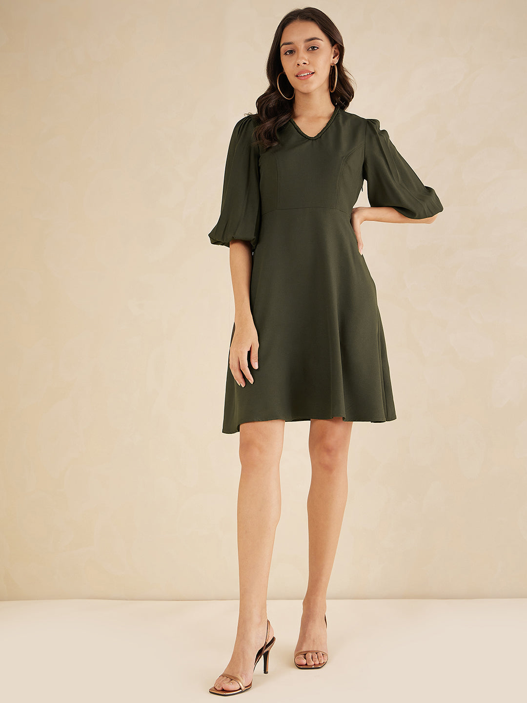 Olive Fit And Flare Knee Length Dress