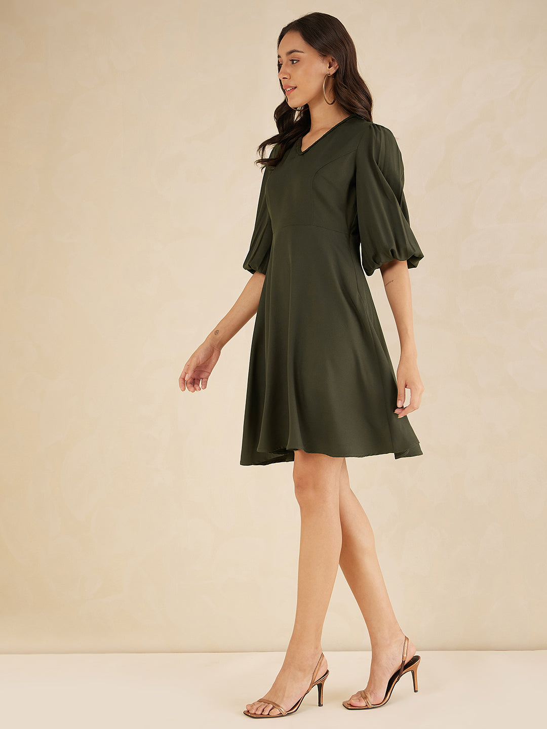 Olive Fit And Flare Knee Length Dress