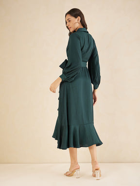 Green Satin Belted Wrap Maxi Dress