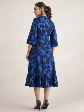 Blue Abstract Printed Tiered Midi Dress