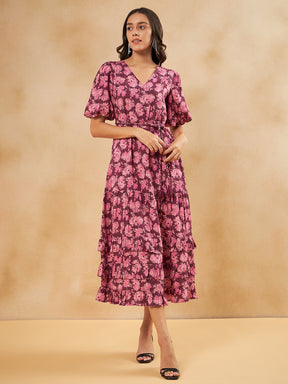 Wine Floral Belted Tiered Maxi Dress