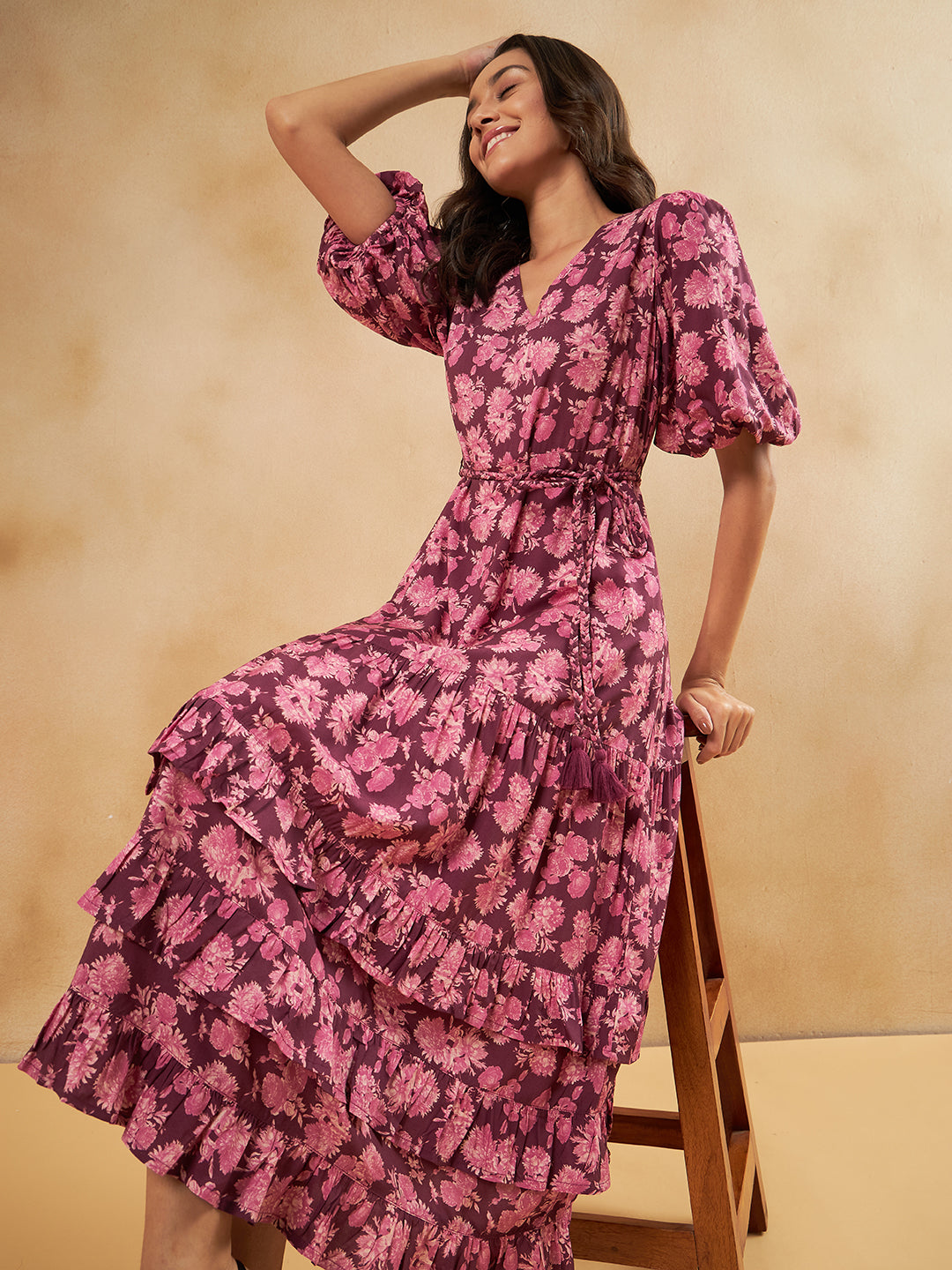 Wine Floral Belted Tiered Maxi Dress